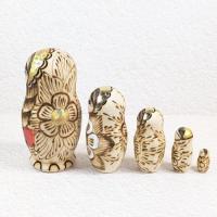 【ロシア】マトリョーシカ・5個型中 ニス無し白木(おさげ赤リボン)