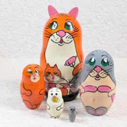 【ロシア】動物モチーフ耳つきマトリョーシカ・5個型(ネコ/オレンジ)