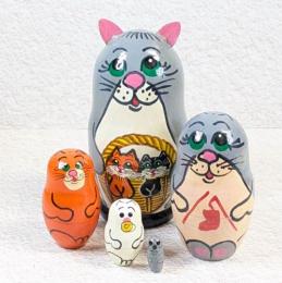 【ロシア】動物モチーフ耳つきマトリョーシカ・5個型(ネコ/グレー)