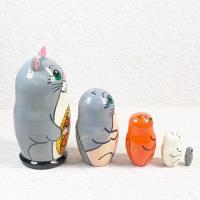 【ロシア】動物モチーフ耳つきマトリョーシカ・5個型(ネコ/グレー)
