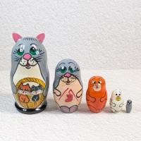 【ロシア】動物モチーフ耳つきマトリョーシカ・5個型(ネコ/グレー)