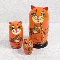 【ロシア】動物モチーフ耳つきマトリョーシカ・3個型(ネコ/オレンジ)
