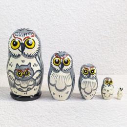 【ロシア】動物モチーフマトリョーシカ・5個型(フクロウ/グレー)