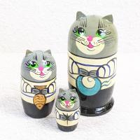 【ロシア】動物モチーフ耳つきマトリョーシカ・3個型(ネコ/ボーダー)