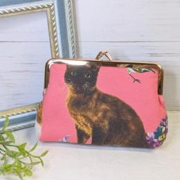 【Angela】さん / カードサイズミニがま口ポーチ (ねこと花)