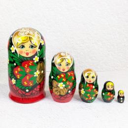 【ロシア】女の子マトリョーシカ・5個型中(黒赤イチゴ)